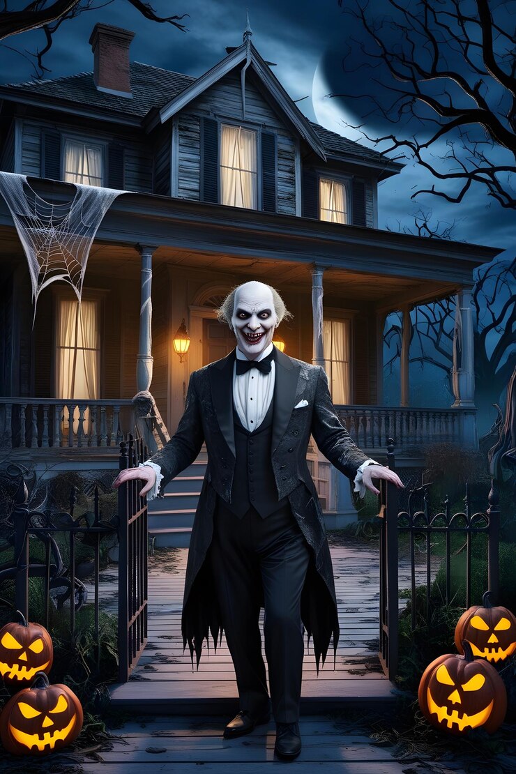 a scary man in a halloween costume stands in front of a house with pumpkins on the front