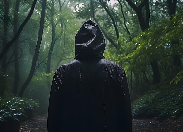 scary man with a black raincoat in A Dark Rainy Forest Back view horror story mysterious