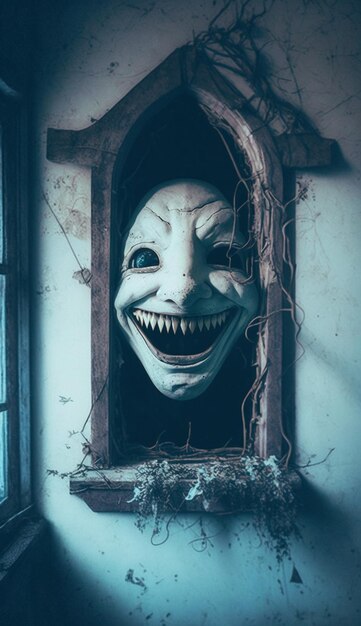 A scary mask in a house with a broken window