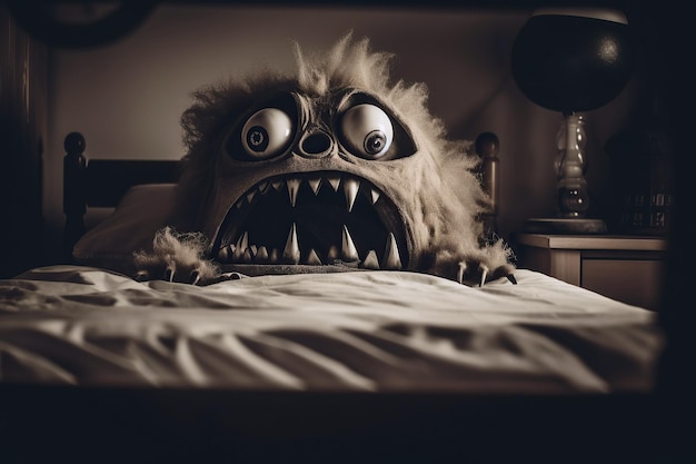 Scary monster in bedroom on bed at night in children nightmare Generative AI illustration