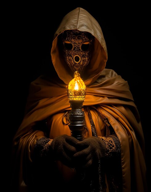 Photo a scary monster in hoodie in the middle of dark holding vintage candle wearing a spooky mask