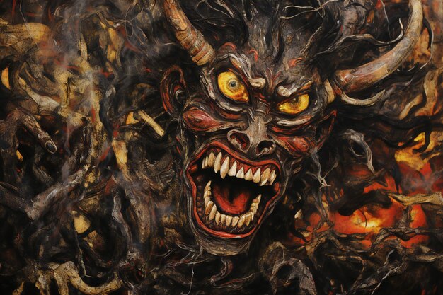Photo scary monster with horns on a background of fire halloween