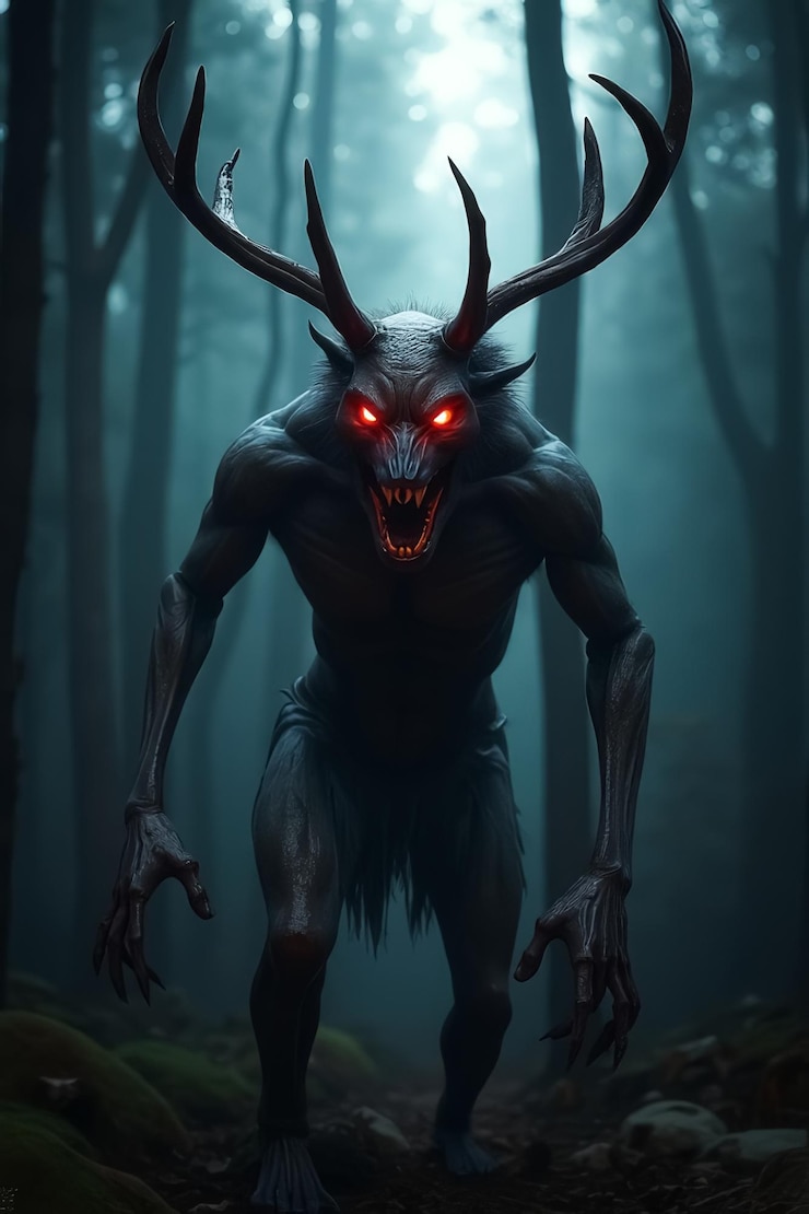 फोटो a scary monster with red eyes and antlers is walking through a forest