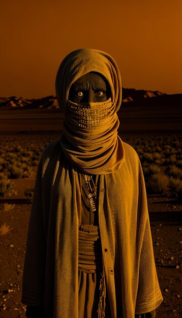 Scary mummy in a desert at night