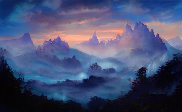 Scary mysterious landscape, amazing nature of the mountains. Evening twilight fantasy forest background. Creepy nature fog Halloween. Illustration