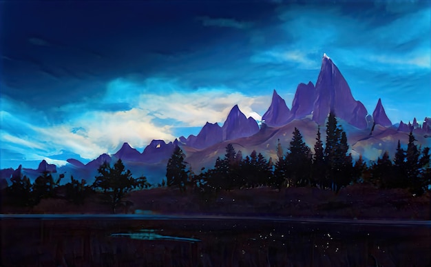 scary mysterious landscape, amazing nature of the mountains. evening twilight fantasy forest background. creepy nature fog halloween. illustration