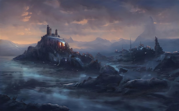 scary mysterious landscape, amazing nature of the mountains. evening twilight fantasy forest background. creepy nature fog halloween. illustration