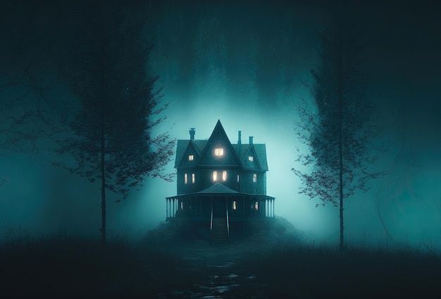 Scary old haunted house in the woods Dwelling of a witch a sorcerer Mystical creepy night fog 3D rendering AI generated