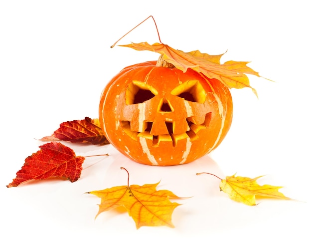 Scary old jack-o-lantern on white background isolated.