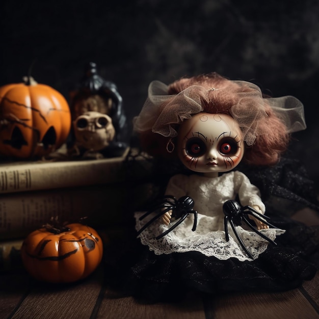 Scary old predatory dolls black spiders and Halloween pumpkins Halloween background horror