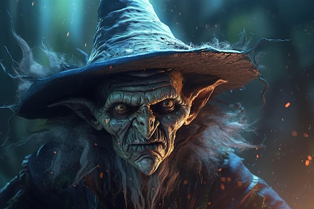 Scary old witch wrinkled elderly woman evil scarecrow in a hat in a dark forest Mystical fairy tale illustration