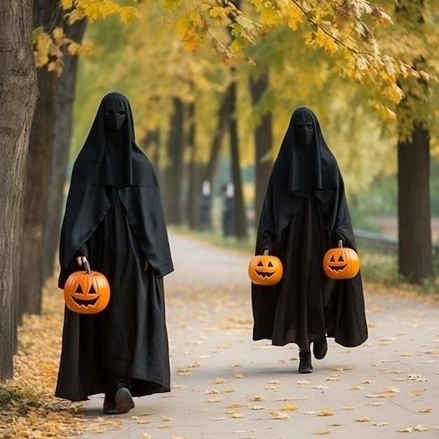 写真 黒い服と帽子をかぶった怖い人々が、ハロウィーンのカボチャの魔女の間で公園を歩きます