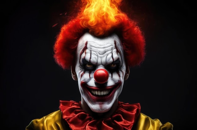 A scary photorealistic clown with fiery hair and a white madeup face An evil smile