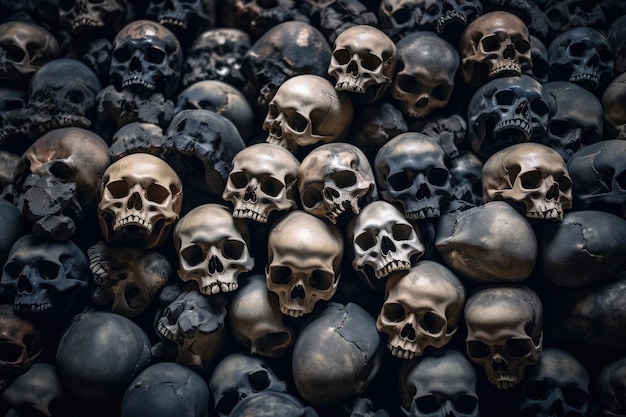 scary pile of human skulls and bones