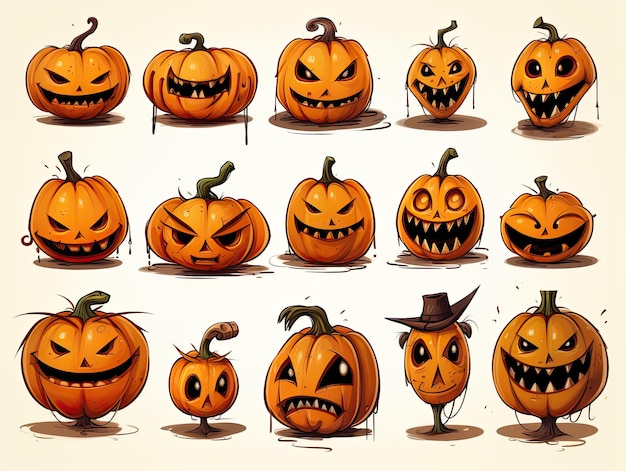 Scary pumpkin characters collection set Halloween