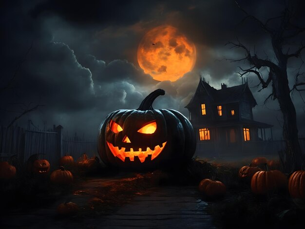 A scary pumpkin And Halloween night dark clouds loom overhead