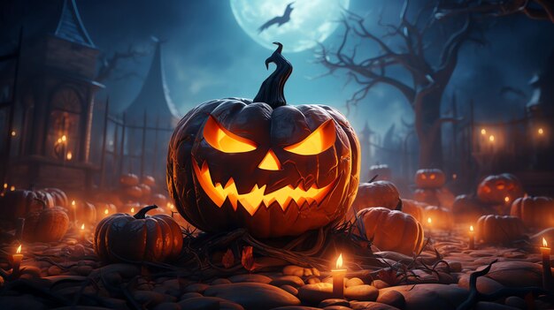 Photo scary pumpkin halloween spooky background jackolantern on dark night gloomy foggy the cemetery