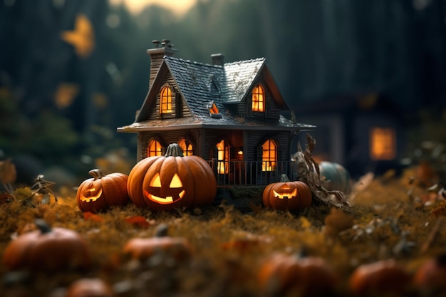 Scary pumpkin and house in night of full moon on halloween celebration concept Halloween background