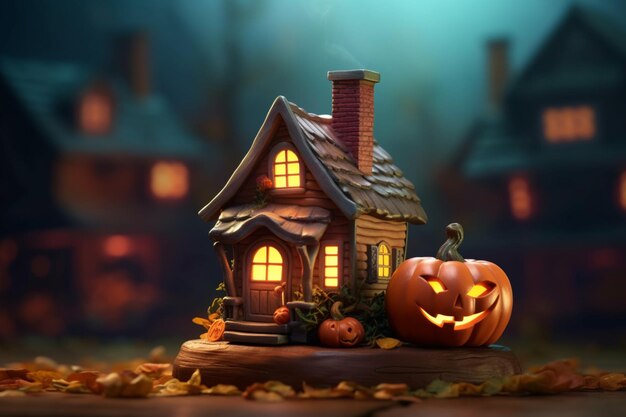 Scary pumpkin and house in night of full moon on halloween celebration concept Halloween background