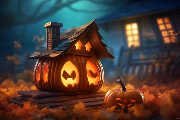 Scary pumpkin and house in night of full moon on halloween celebration concept Halloween background