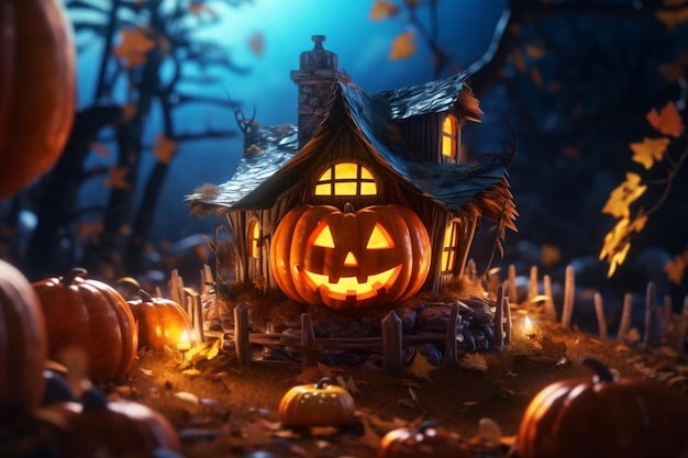 Scary pumpkin and house in night of full moon on halloween celebration concept Halloween background