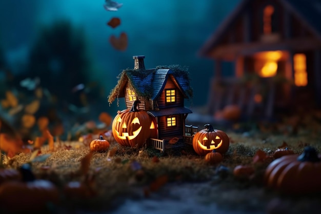 Scary pumpkin and house in night of full moon on halloween celebration concept Halloween background