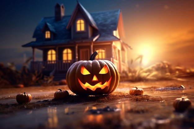 Scary pumpkin and house in night of full moon on halloween celebration concept Halloween background