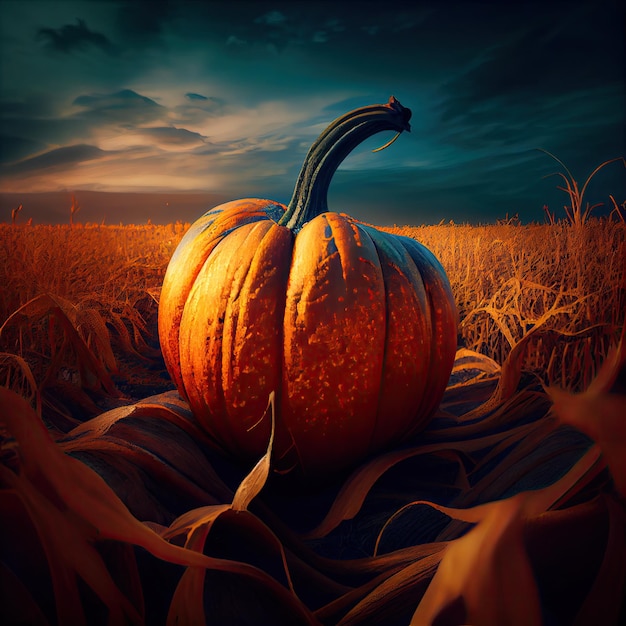 Scary pumpkin lying on the field autumn Generative AI