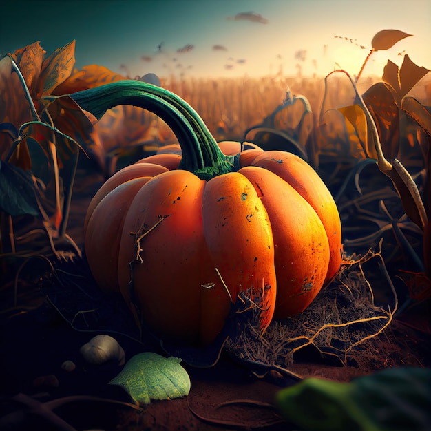 Scary pumpkin lying on the field autumn Generative AI