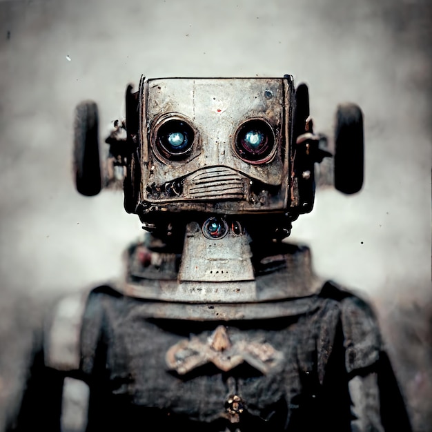 Photo scary robot android old metal mechanisms gears