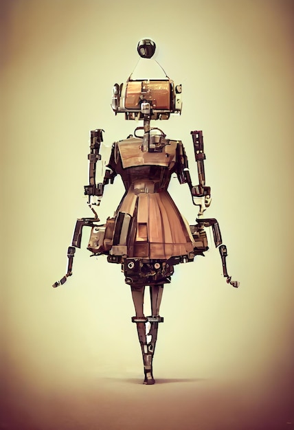 Scary robot woman android Old metal mechanisms gears