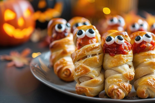 Photo scary sausage mummies in dough with funny eyes on table funny decoration halloween food