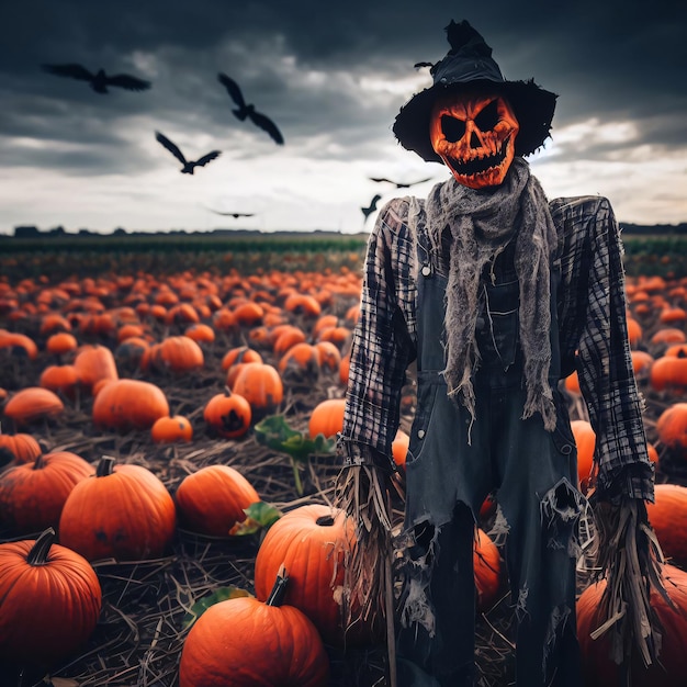 Photo scary scarecrow in a field full of pumpkins halloween concept