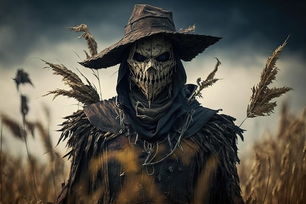 Scary scarecrow in the field horror terrifying background