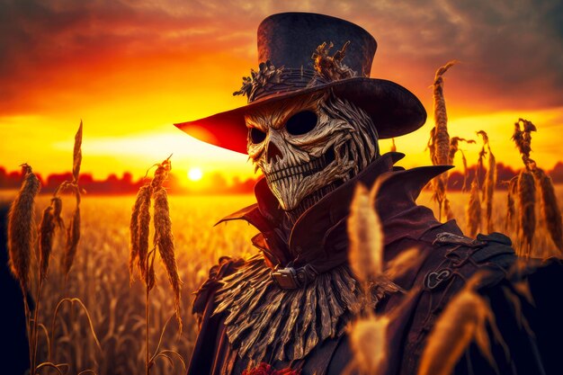 Scary scarecrow in a hat and coat on a evening autumn cornfield during sunset