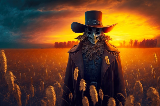 Scary scarecrow in hat and coat on evening autumn field during sunset