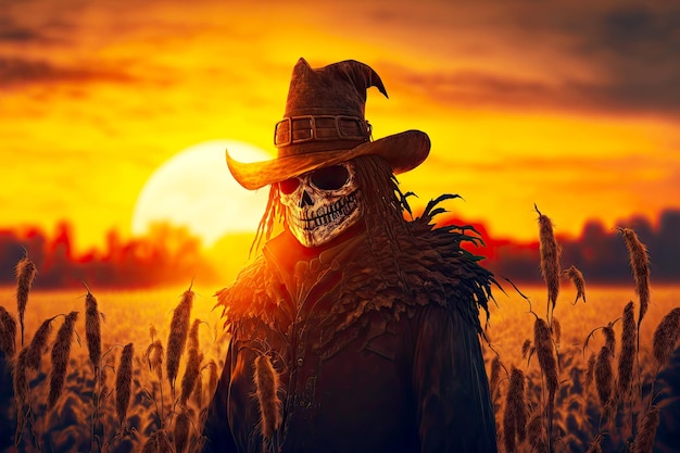 Scary scarecrow in hat on cornfield in orange sunset background