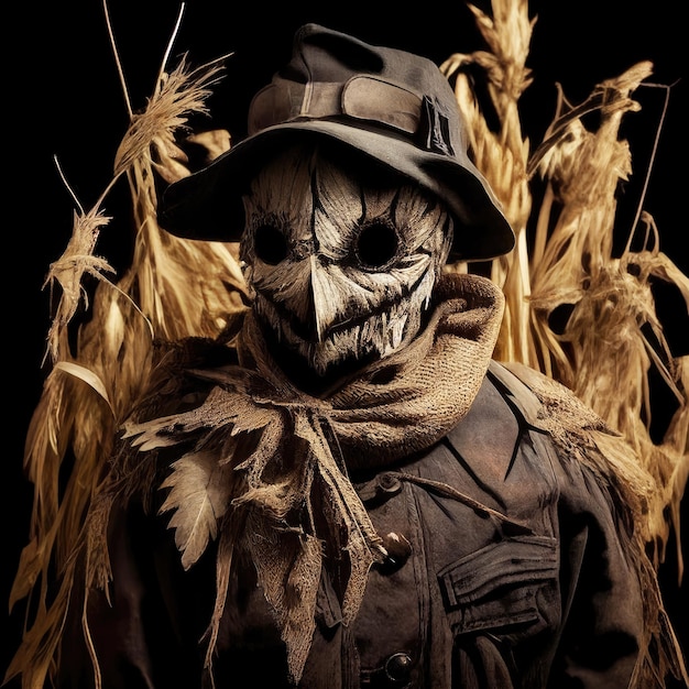 Photo scary scarecrow in hat generative ai art halloween holiday concept