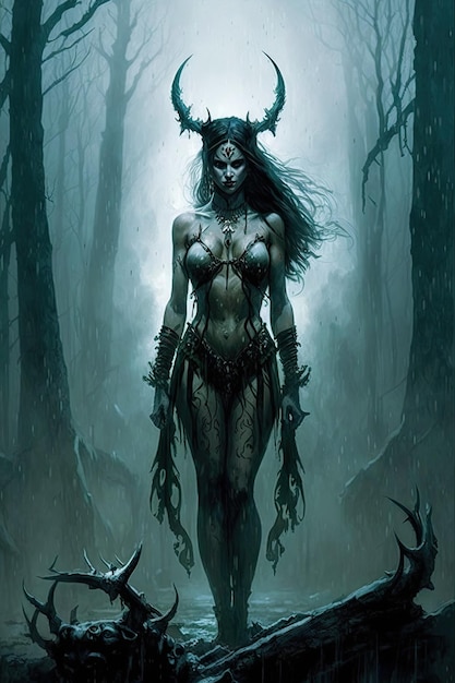 Scary sexy woman witch devil with horns in forest Generative AI illustration