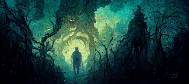 Scary silhouette in dark forest horror landscape monster in the\
misty forest