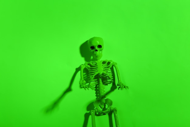 Scary skeleton in green neon light