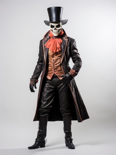 Scary skeleton wearing a top hat and leather jacket posing over grey background