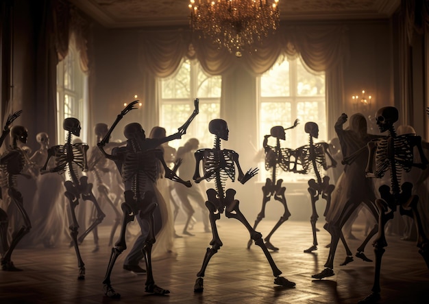 写真 幽霊の出る舞踏会で踊る恐ろしい骸骨たち