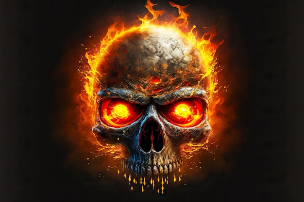 Scary skull with orange burning fiery evil eye