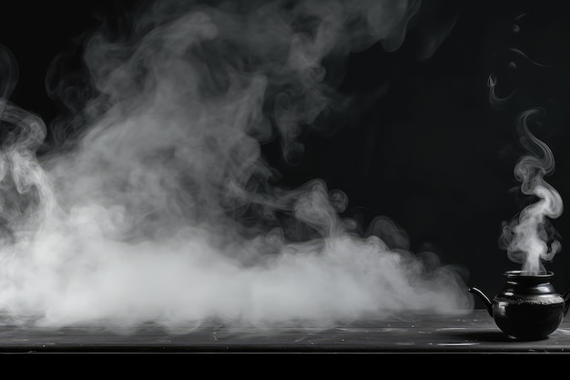黒い背景の水鍋からの恐ろしい煙 水鍋からの蒸気