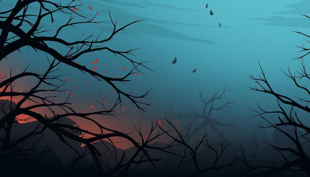 赤い青い背景の恐ろしい森の枝 恐ろしいハロウィンの現実的な背景