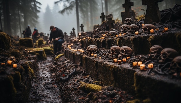 Foto terribile cimitero spettrale con teschi umani in un giorno nebbioso concetto di halloween