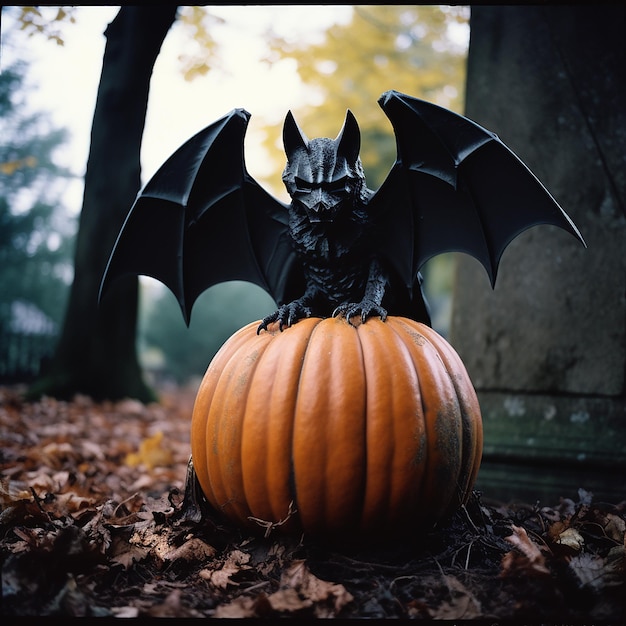 Scary terrible bat vampire with black wings on pumpkin horror nightmare halloween background