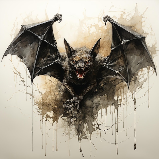 Страшная ужасная летучая мышь-вампир с огромными зубами и клыками в стиле акварели, ужас, кошмар, Хэллоуин