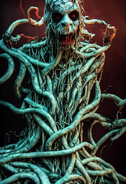 Photo scary tree roots monster fear and horror concept character design 3d illustration